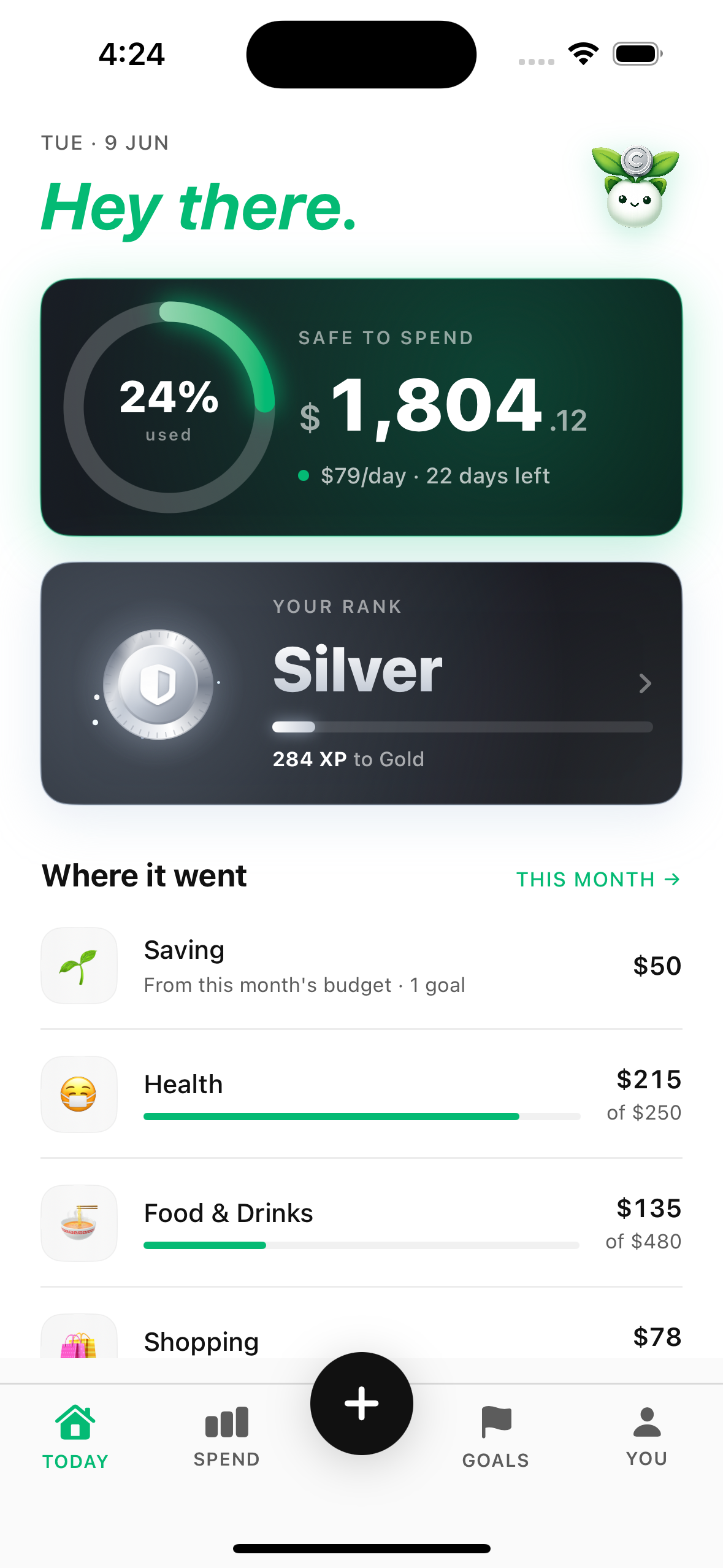 Cashie Today screen showing the safe-to-spend amount